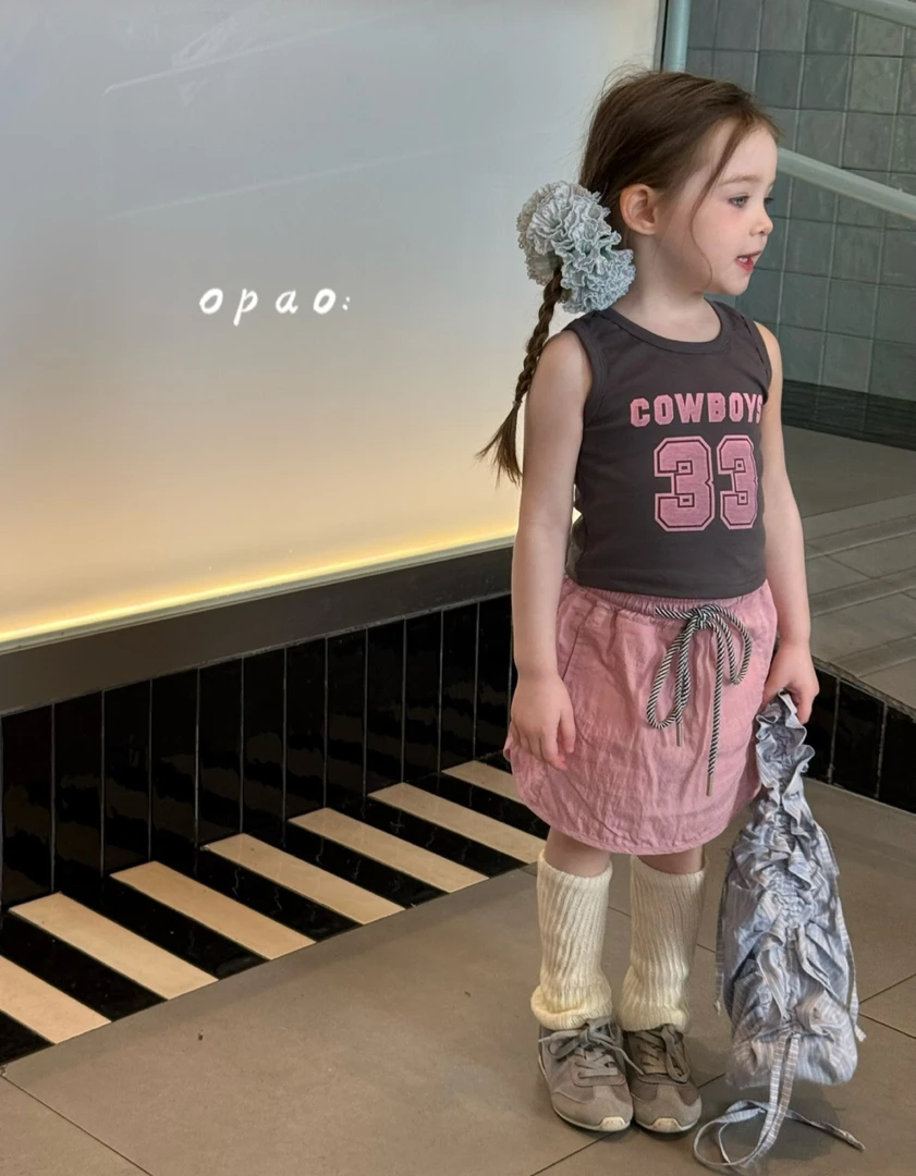 opao 8766+8706女童套装2025夏款洋气无袖T恤+半裙两件套