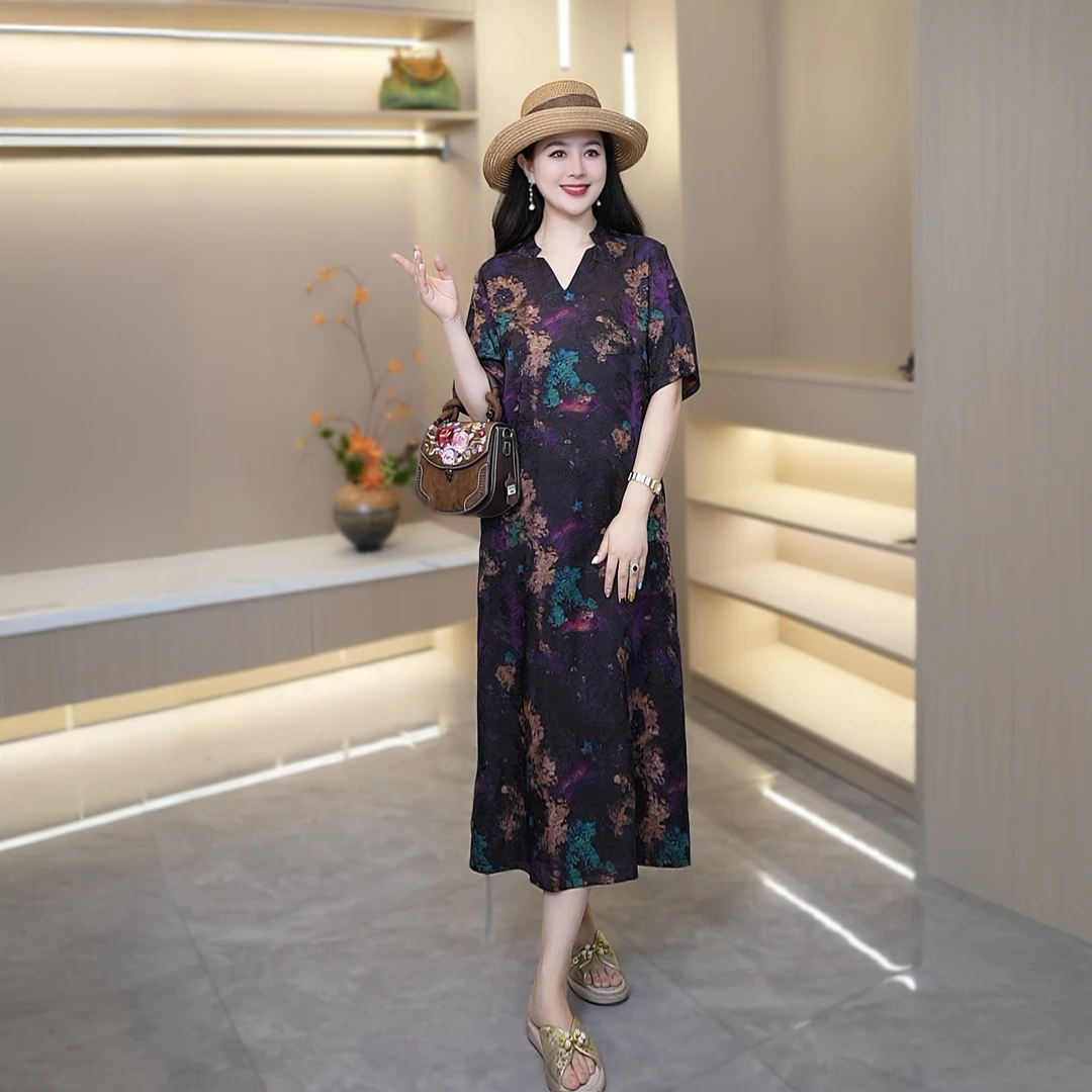 紫云纱新中式新款百搭不褪色短袖老料花萝提花连衣裙女中长款休闲