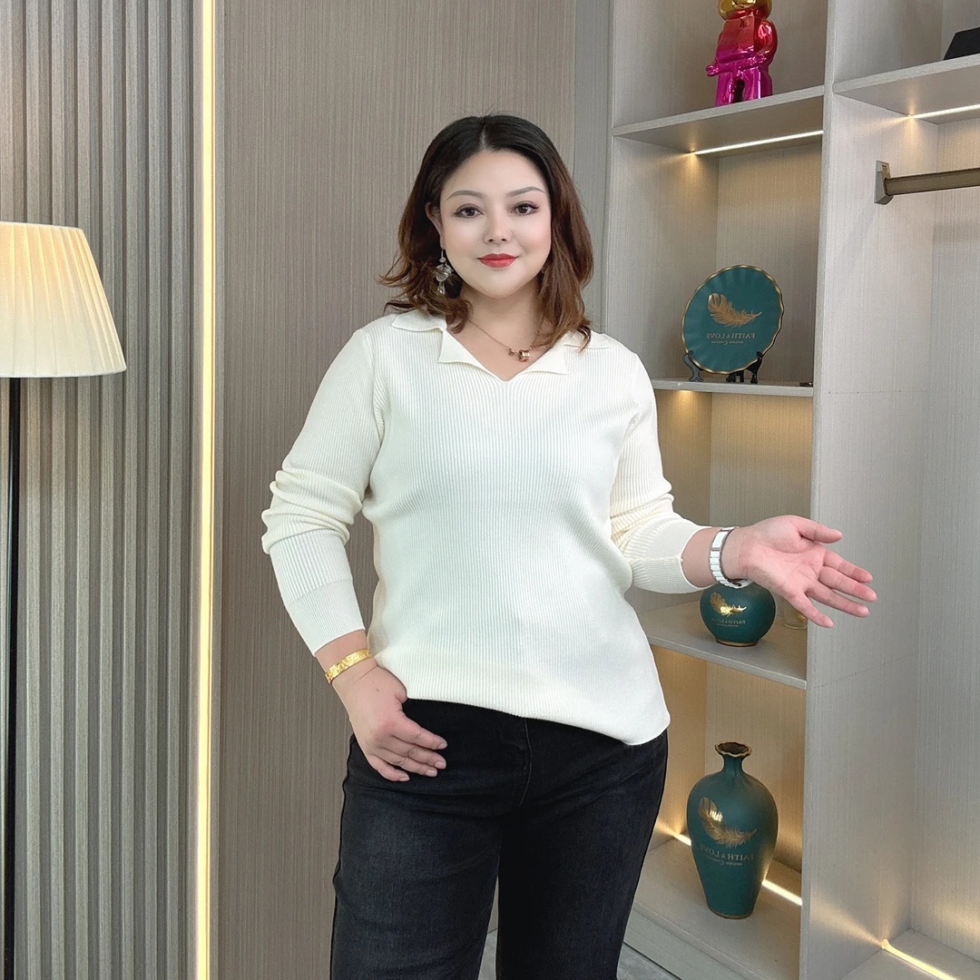 法式Polo领长袖针织衫女大码胖mm秋冬装设计感纯色毛衣打底衫上衣