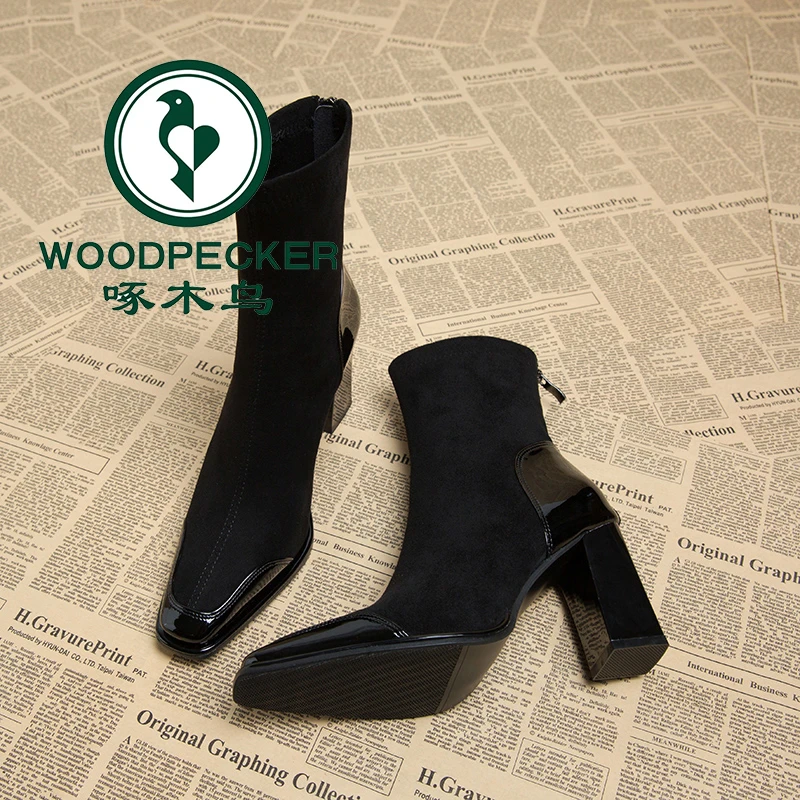 啄木鸟瘦瘦粗跟早秋法式高级感春秋短靴2025新款秋冬韩系高跟女鞋