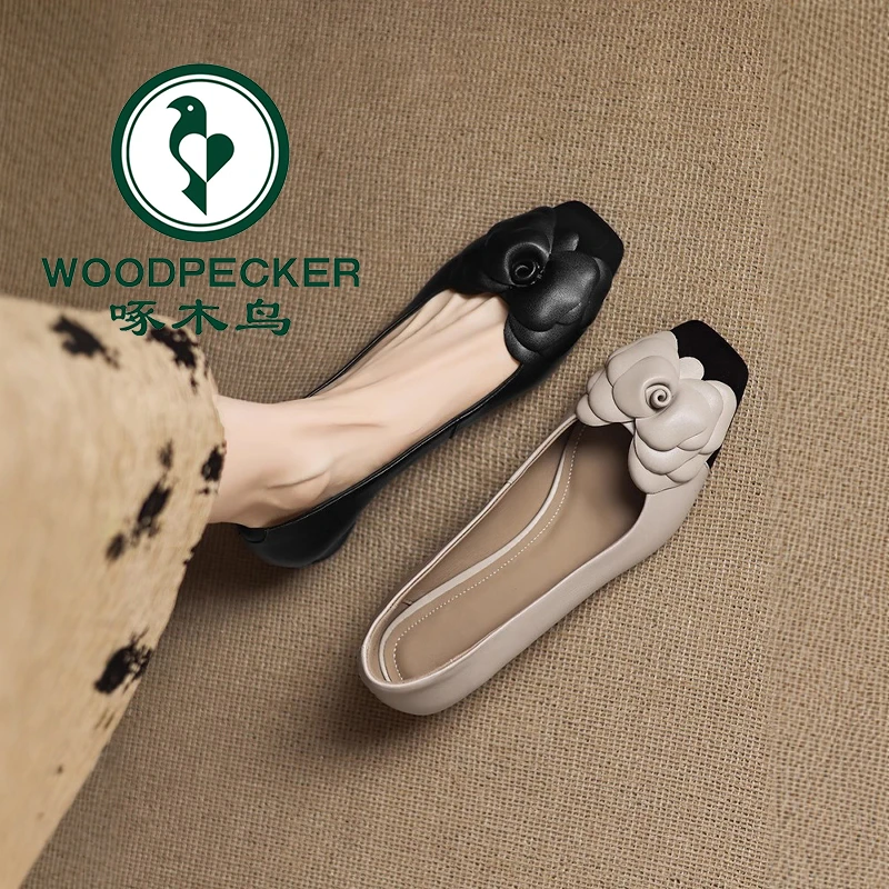 啄木鸟法式小香风拼色方头浅口单鞋女百搭粗跟山茶花通勤工作鞋子