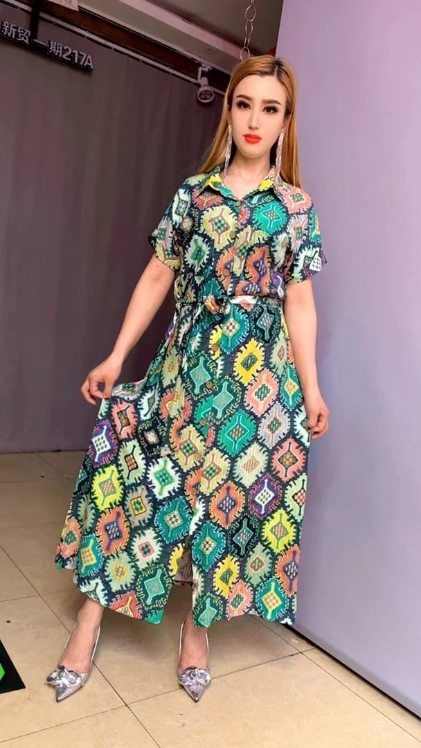 A426夏季翻领印花宽松腰娃娃领连衣裙碎花长裙时尚复古旗袍裙子
