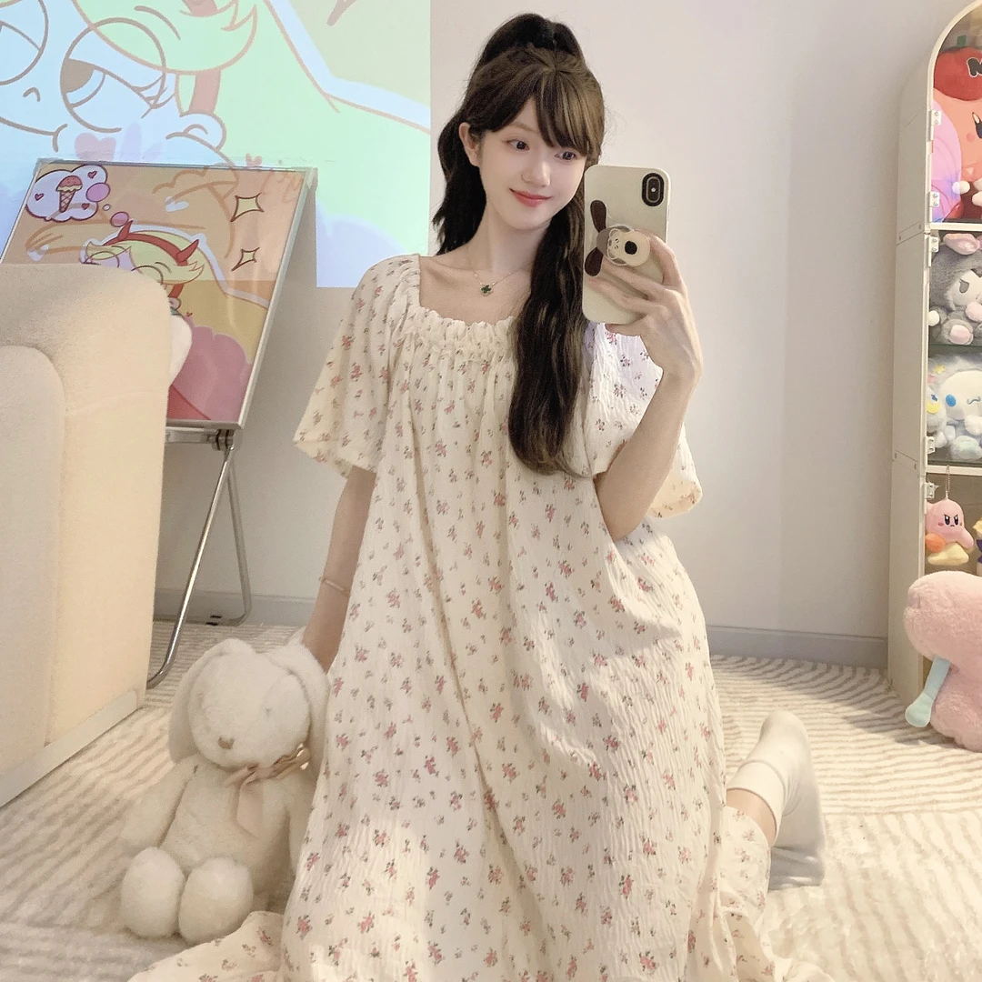 大码韩版甜美粉色小花睡裙中长款睡裙法式时尚轻薄透气宽松睡裙