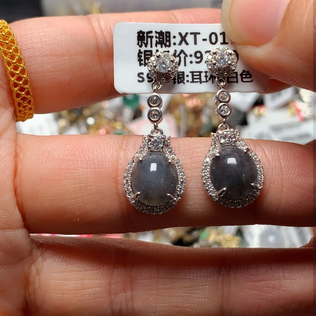 翡翠戒指银S925镶嵌天然翡翠耳饰