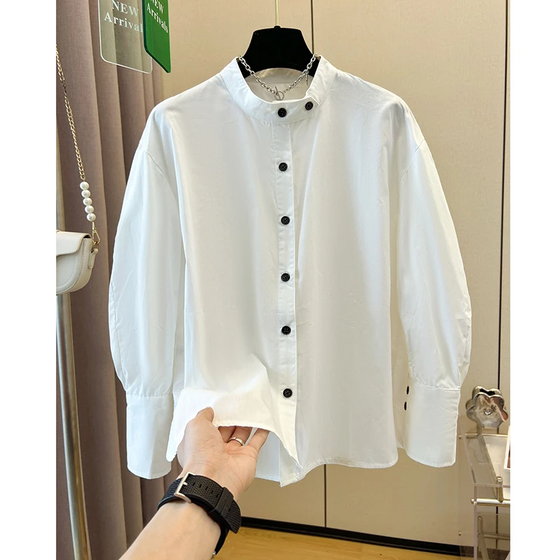 9620棉设计感复古通勤立领泡泡灯笼袖长袖纯棉衬衫落肩打底衬衣女