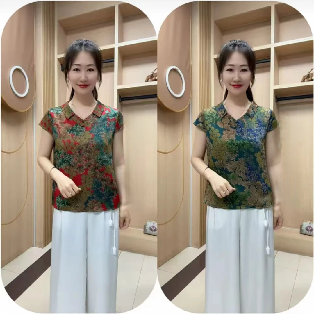 时尚妈妈夏季新款碎花衬衫大码娃娃领遮肚显瘦薄款短袖上衣洋气