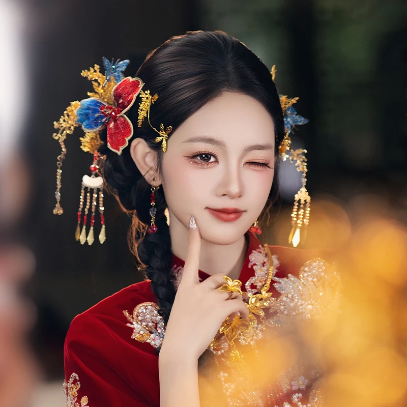 合金布艺婚庆饰品 新娘减龄古风新款金红色手工新中式头饰品D0685