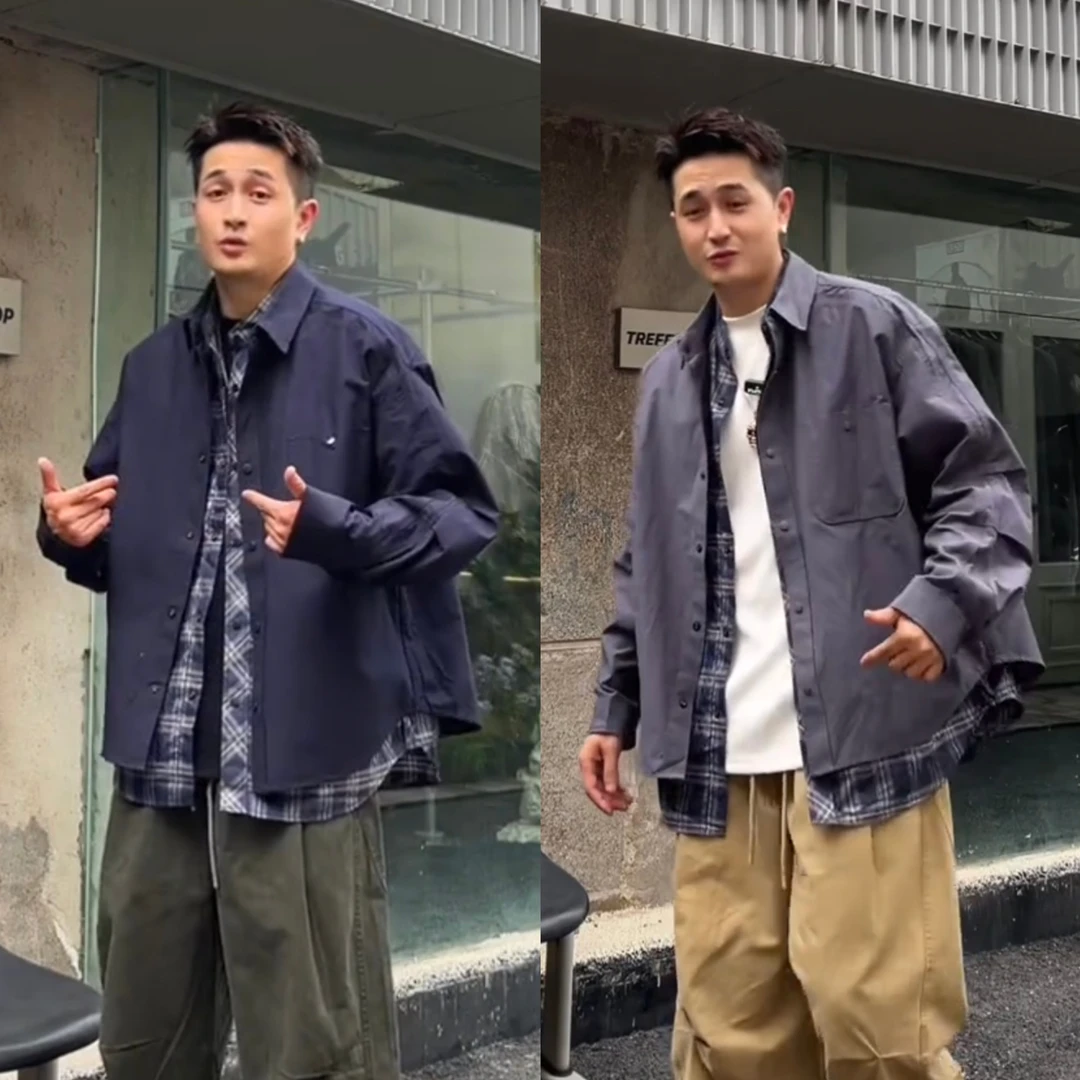 秋季新款假两件设计格子衬衫外套男潮牌高街百搭宽松休闲夹克上衣