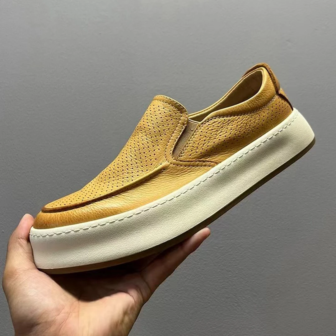 夏季冲孔男鞋真皮乐福鞋懒人一脚蹬超轻牛皮透气休闲板鞋潮流厚底