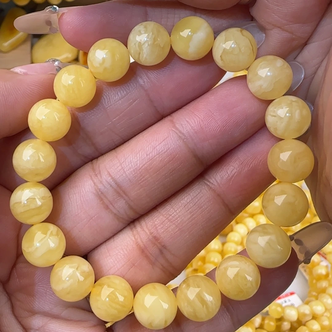 蜜蜡未镶嵌手链白花圆珠手串