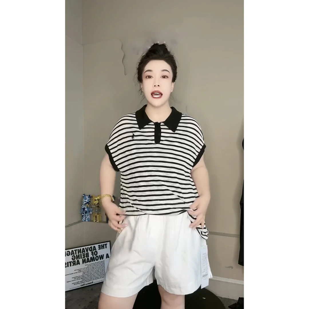 条纹印花polo领短袖T恤女2025年夏季新款设计感小众休闲百搭上衣