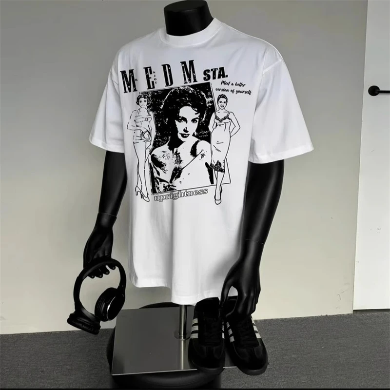 海外订单尾货~剪标撤回外贸美式复古美少女印花纯棉短袖T恤男女潮