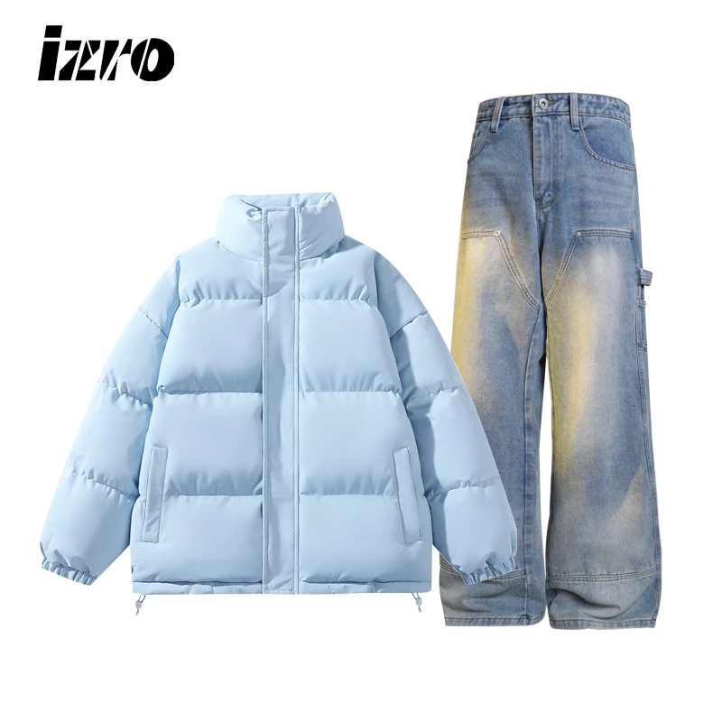 IZRO【大七穿搭】立领百搭宽松轻便情侣棉服+可diy裁剪腰果花牛仔裤