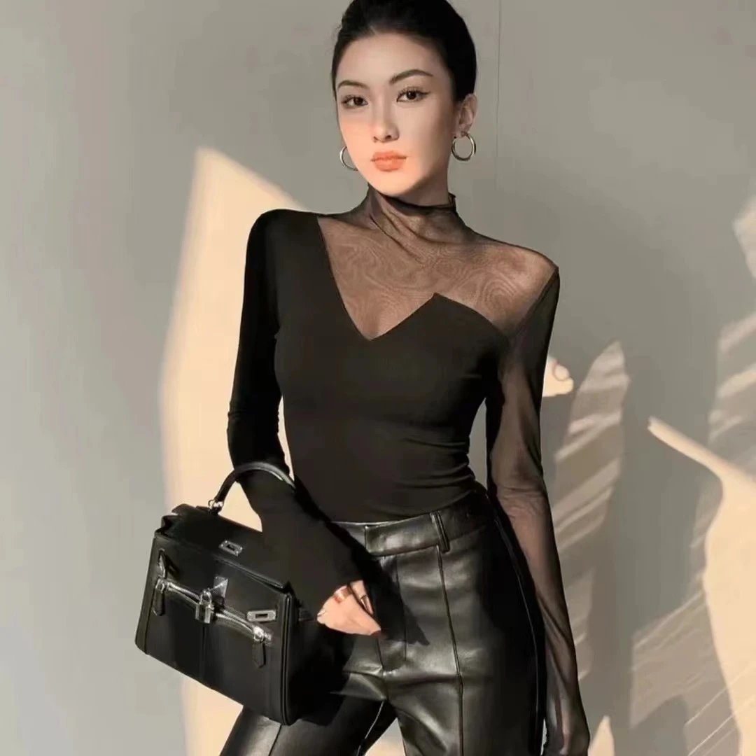 时尚百搭拼接上衣2025秋季新款修身镂空网纱针织衫高领长袖t恤女