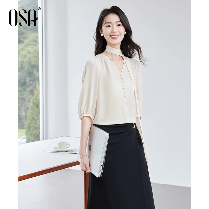 【罗罗粉丝专属】欧莎法式V领设计感职场衬衫S125B17009