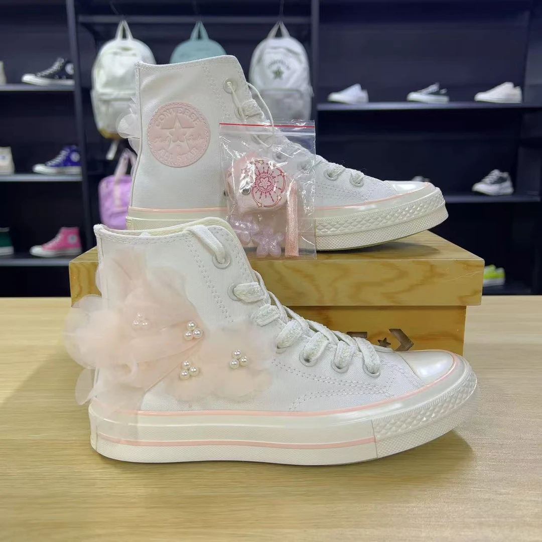 CONVERSE/匡威百搭舒适三星标淡粉白桃花高帮情侣帆布鞋A13851C