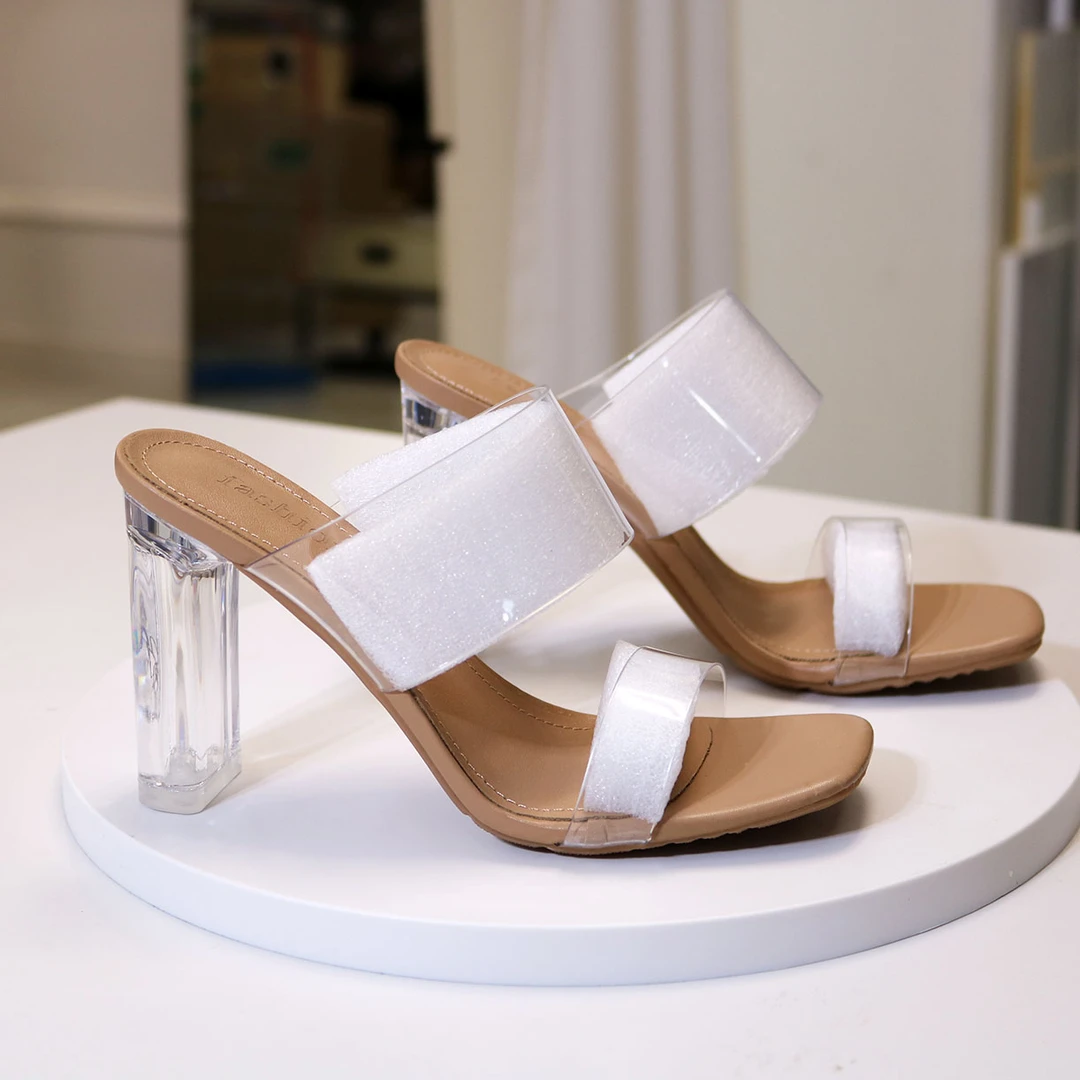 透明水晶跟拖鞋粗跟中高跟凉鞋真羊皮外穿夏季一字带玻璃塑胶时尚