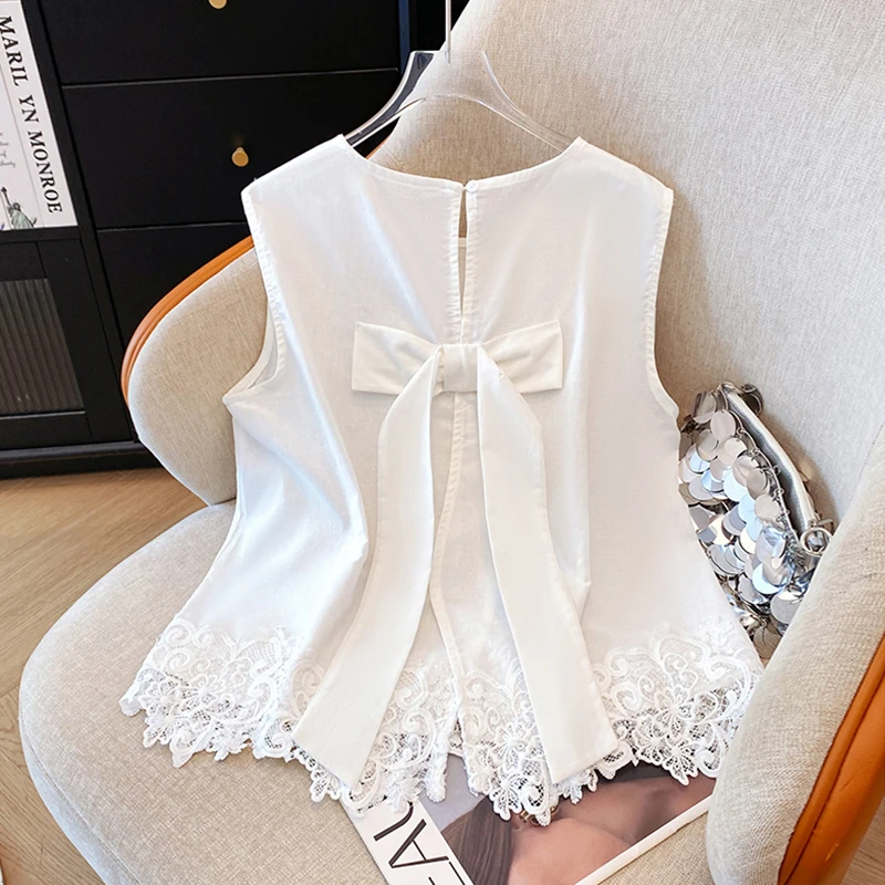 2025夏季新款蕾丝拼接无袖背心衬衫女设计感蝴蝶结显瘦别致上衣潮