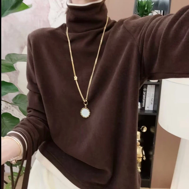 软糯保暖高领打底衫女2025新款秋冬洋气内搭德绒拼色长袖t恤上衣