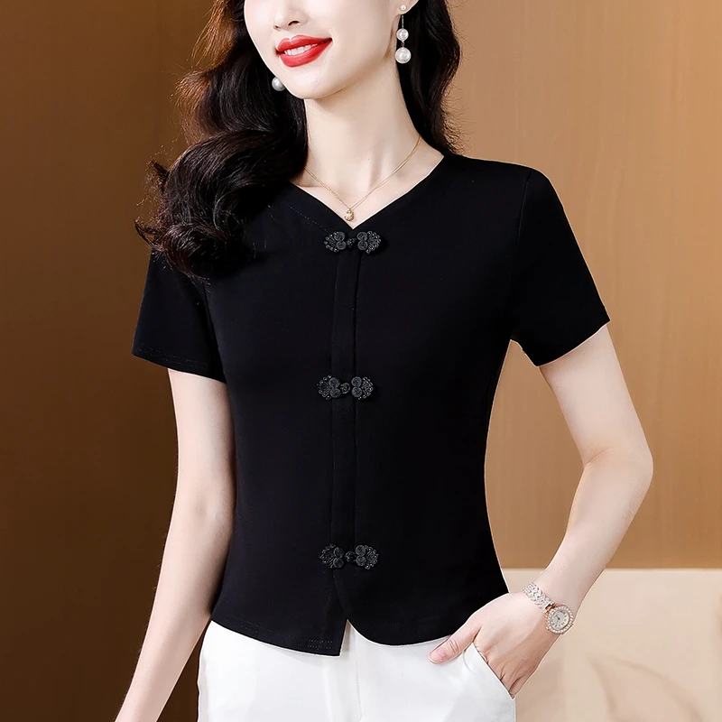 新中式复古盘扣短袖T恤夏季2025新款国风百搭修身半袖短款女上衣