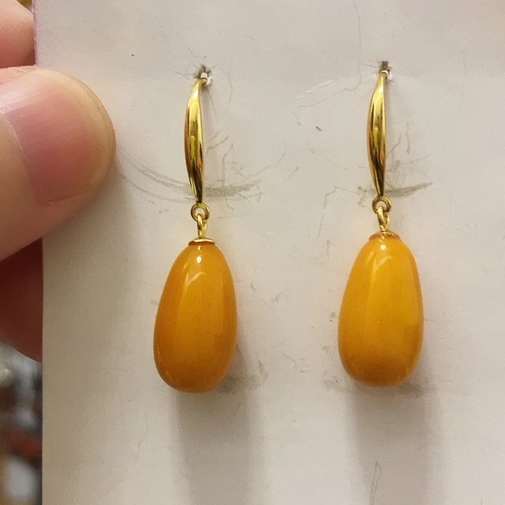 琥珀银S925镶嵌耳饰老蜜蜡