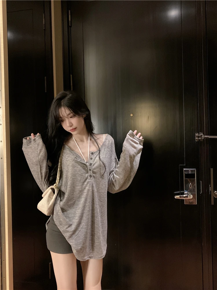 大码胖mm纯欲风灰色薄款v领长袖罩衫大码套装夏季胖mm显瘦高级感