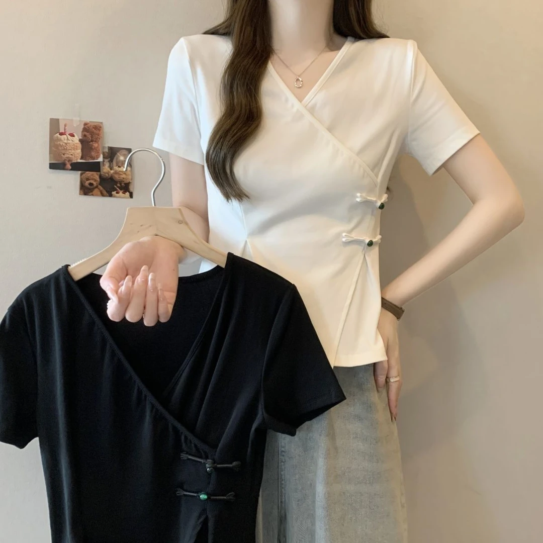 2-300斤特大码不规则盘扣短袖t恤女夏季新款胖mm修身显瘦遮肉上衣