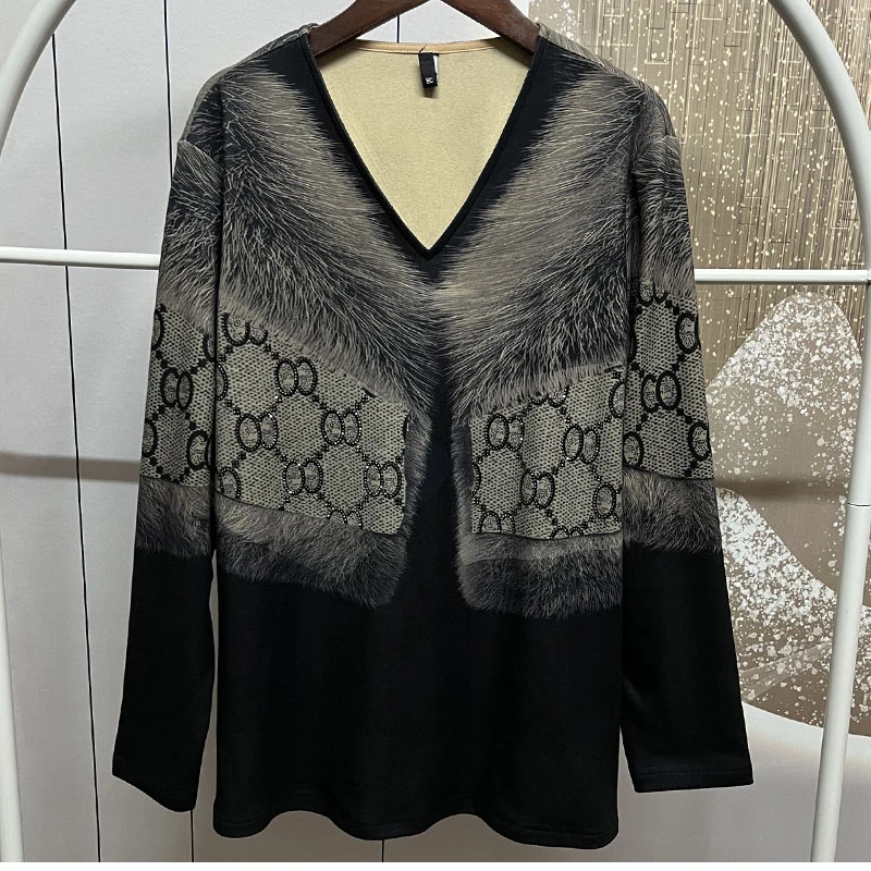 5610大码女装200斤上衣T恤冬季新款是双v领双面绒时尚百搭打底衫