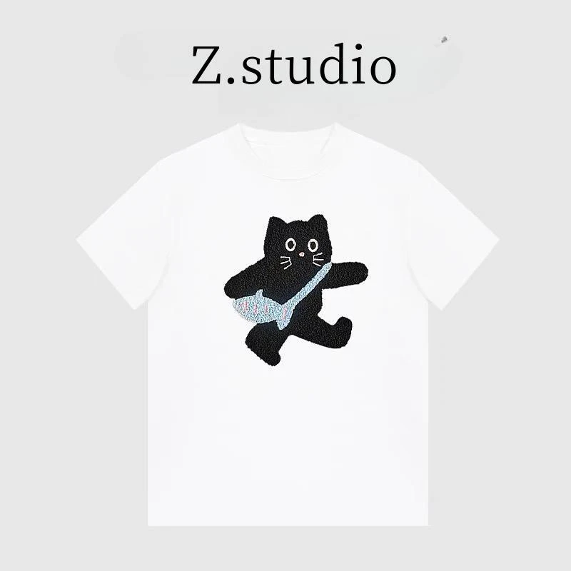 【背包小猫】2025春季新款 230克纯棉 宽松印花圆领白色百搭休闲T恤