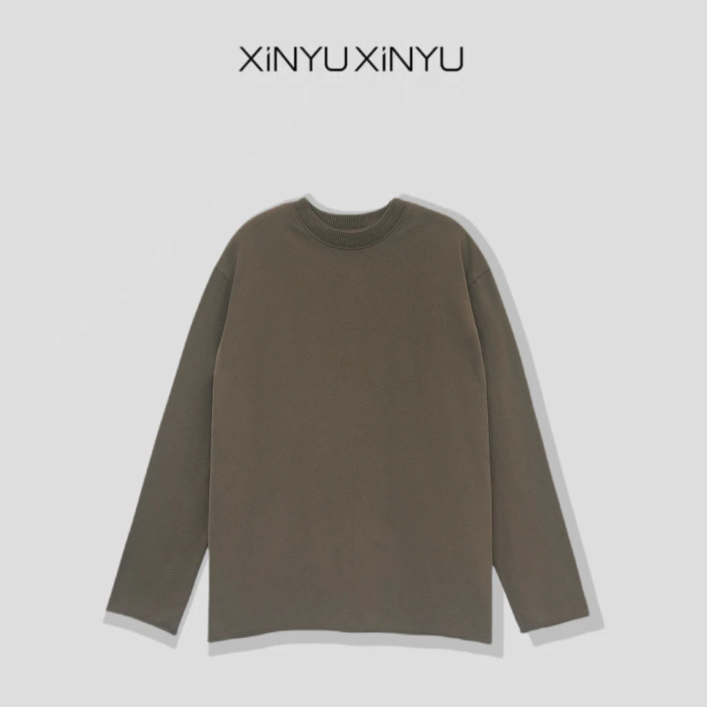 XINYU/芯与『咖色磨毛卫衣T』100棉做旧复古咖色圆领长袖T恤 30388