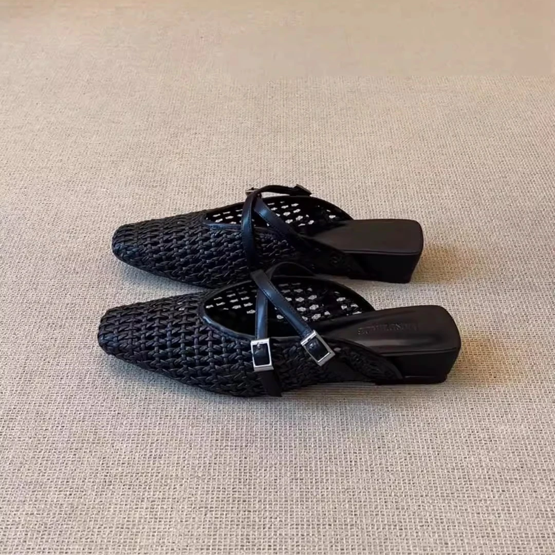 羊皮版~法式外穿镂空编织小方头一脚蹬半拖低跟夏季百搭包头凉鞋