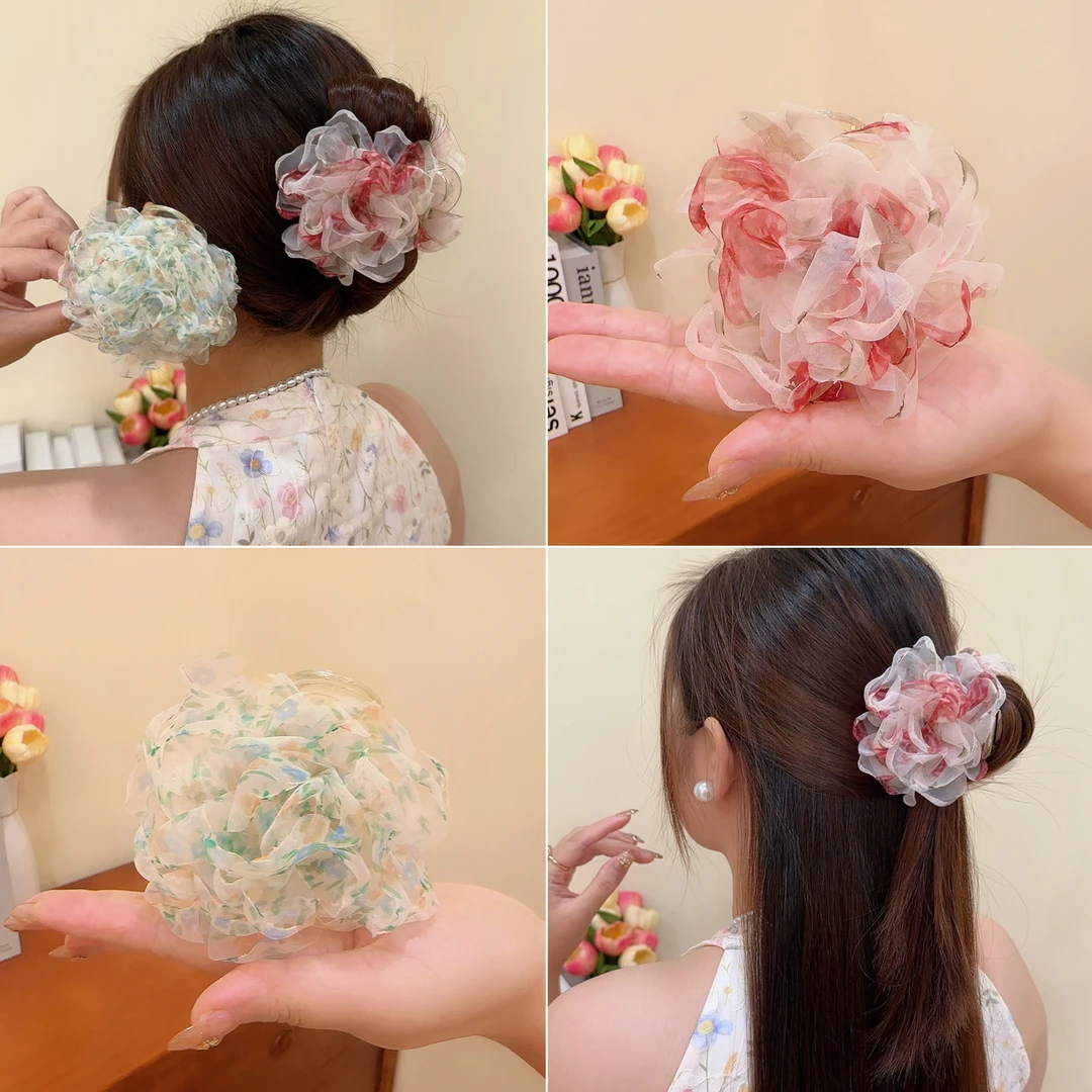 气质超仙网纱晕染花朵抓夹优雅温婉风半扎发发夹花苞头鲨鱼夹