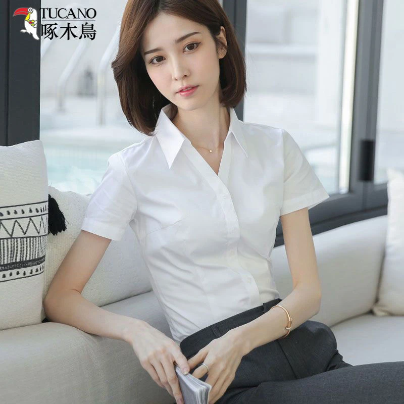 TUCANO/啄木鳥高级感女装职业白色衬衫v领短袖上衣夏季韩版工作服