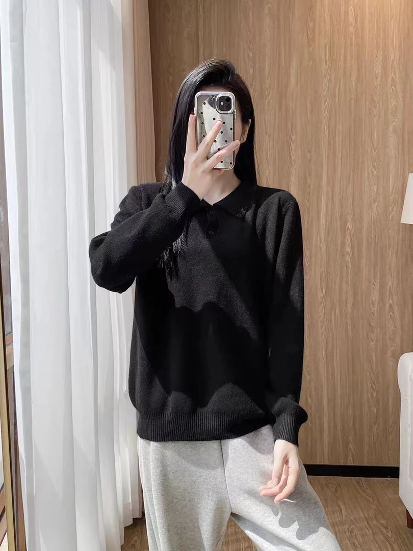 POLO领打底宽松型舒适纯色薄款气质毛针织衫女装休闲长袖X