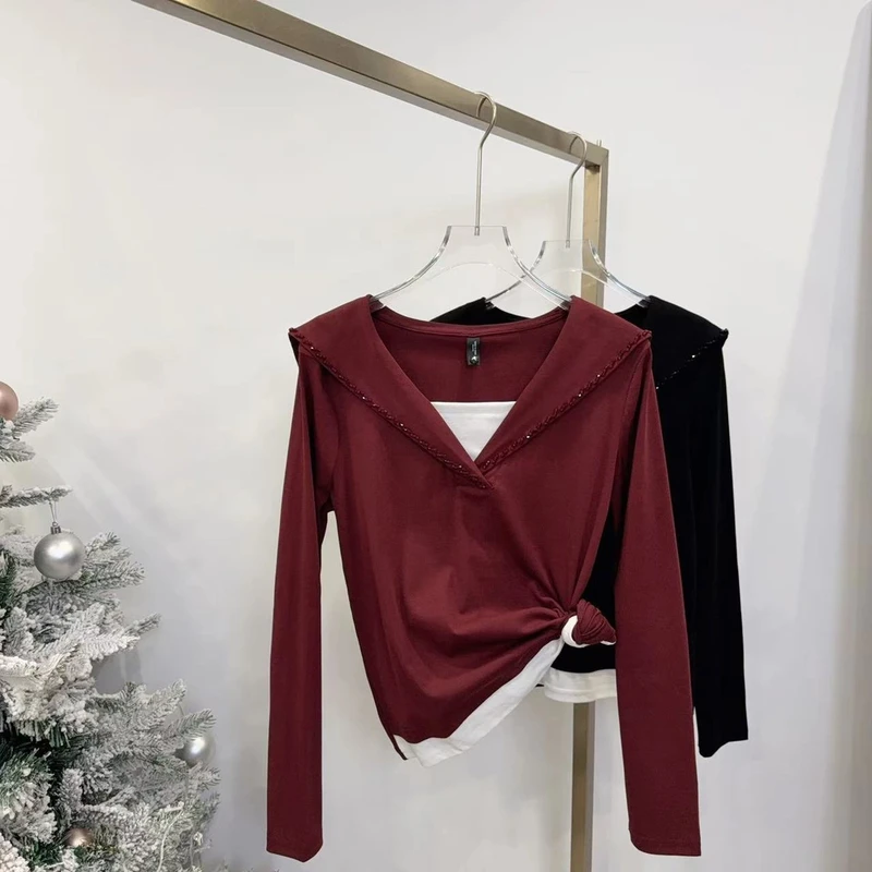 2025春季新品手工钉珠假两件上衣百搭显瘦长袖针织短款时尚休闲女