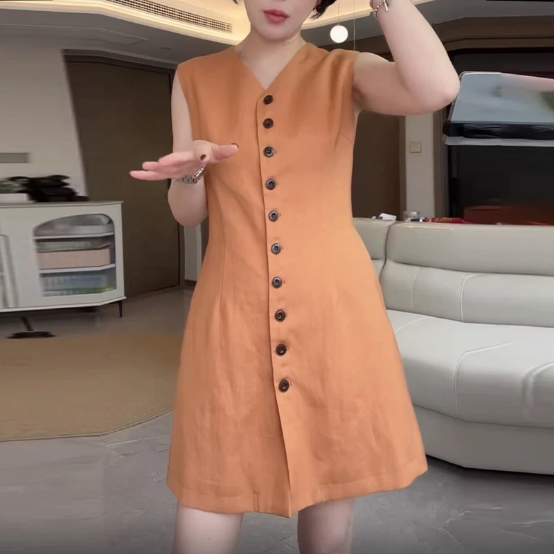 2025夏季新款韩系套头老钱风无袖连衣裙收腰修身休闲设计感中长裙