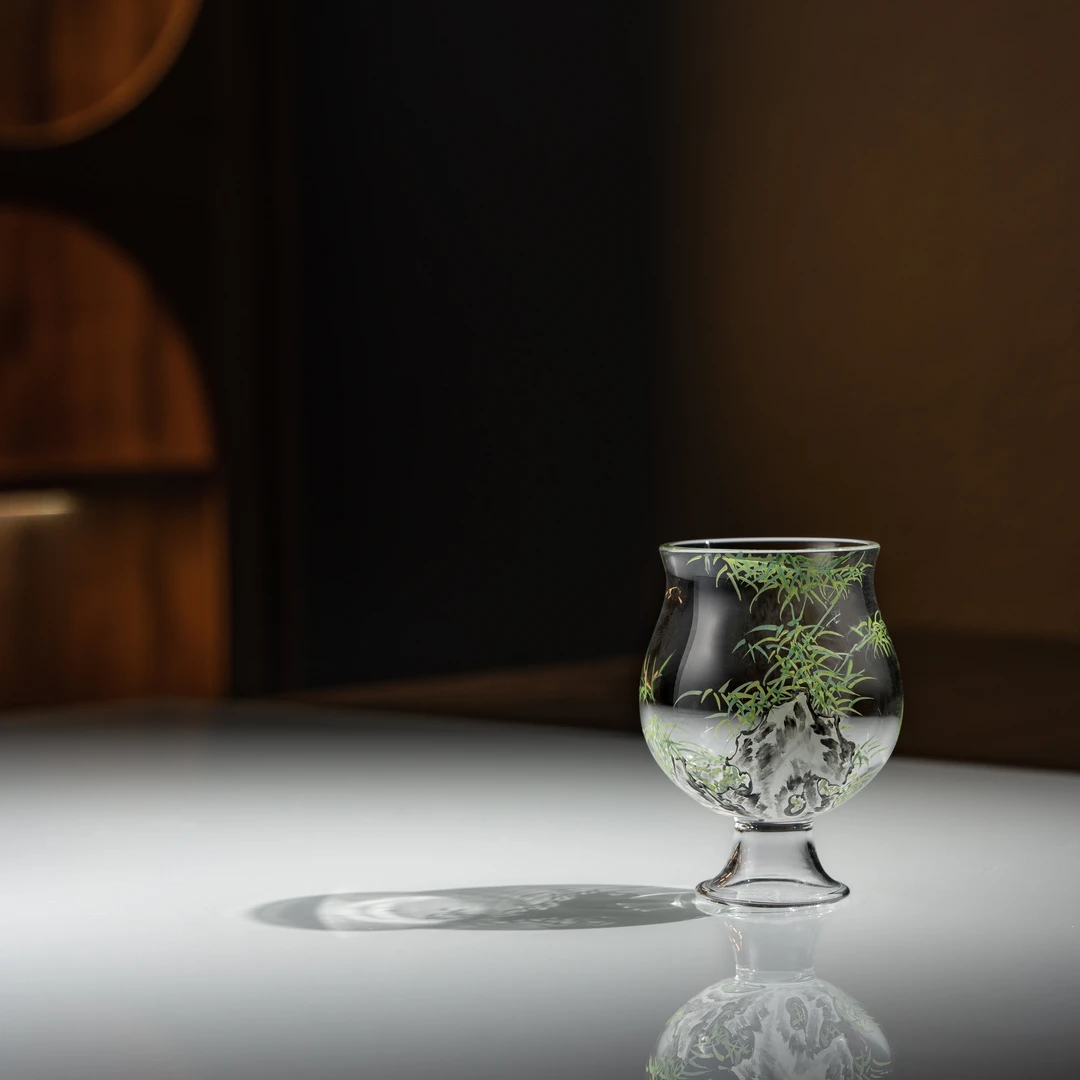 景德镇手工手绘玻璃手绘珐琅竹石玲珑高足酒杯