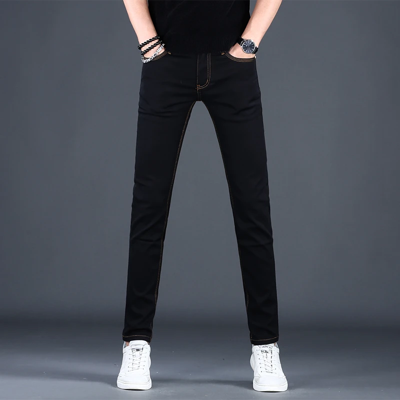 防褪色夏季三本针纯黑色牛仔裤男款新款薄款修身小脚时尚百搭韩版