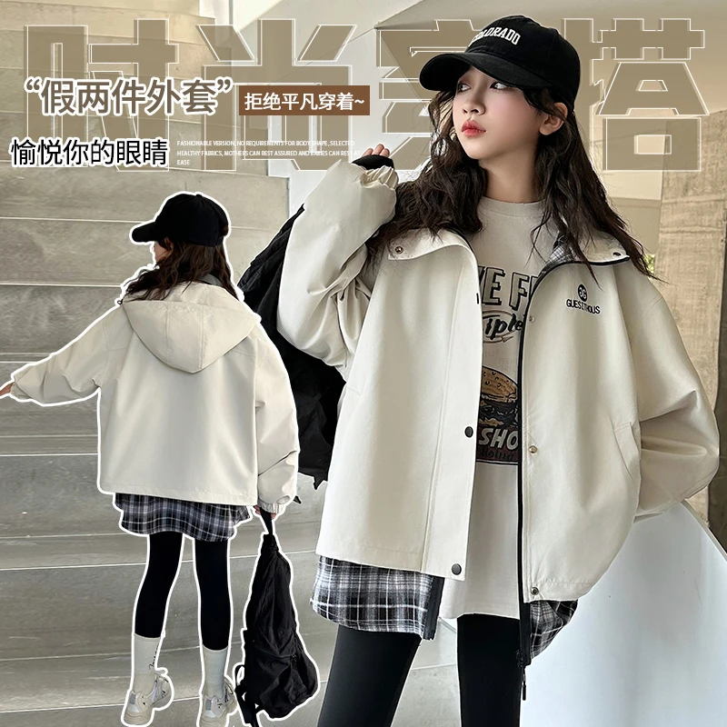 女童春装外套女孩冲锋衣假两件上衣休闲百搭女孩中大童学生学院风