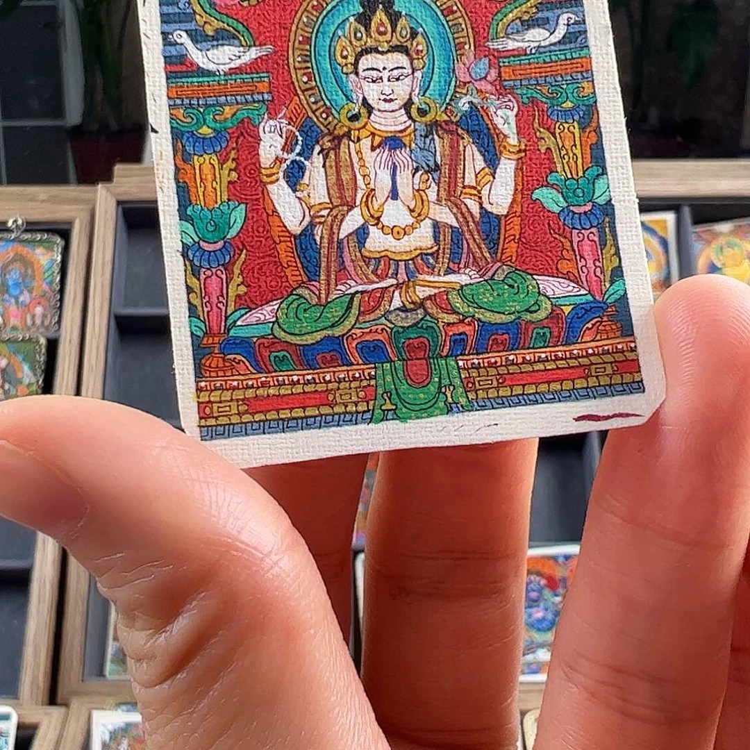 吊坠翎四臂观观手绘唐卡不带壳子