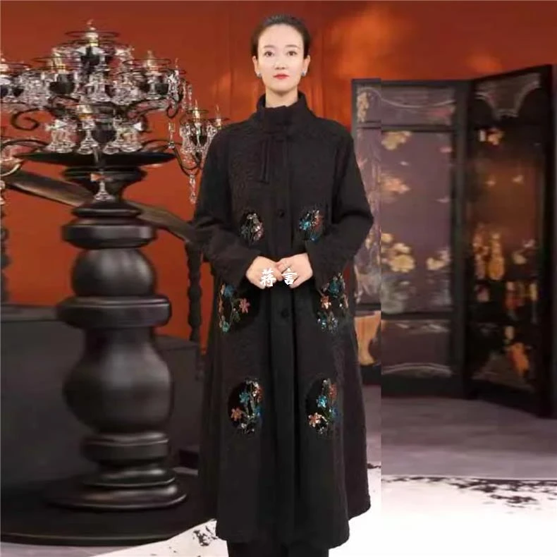 外套冬季风衣高端高品质大衣刺绣加绒气质保暖过膝花长款加厚190