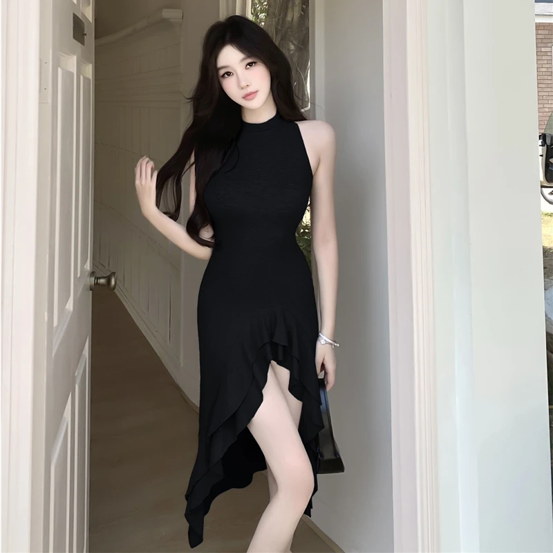 不规则鱼尾裙中长款荷叶边性感收腰无袖连衣裙2025春季新款女装潮