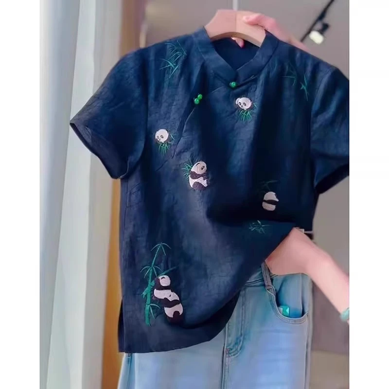 新中式国风熊猫刺绣短袖衬衫女2025夏季洋气减龄龟裂纹复古上衣潮