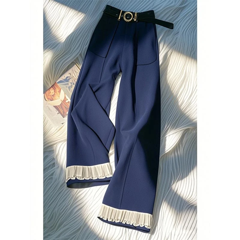 2025春秋新款小个子高级感宽松休闲裤女慵懒风设计蕾丝拼接阔腿裤