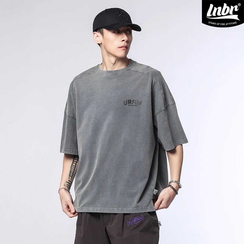 LNBR原创25夏新品复古T恤男重水洗灰色不规则oversize闪电熊短袖