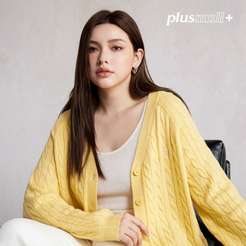 PLUSMALL 软心麻花卷 绵羊毛混纺V领插肩袖麻花开衫PAC2412090