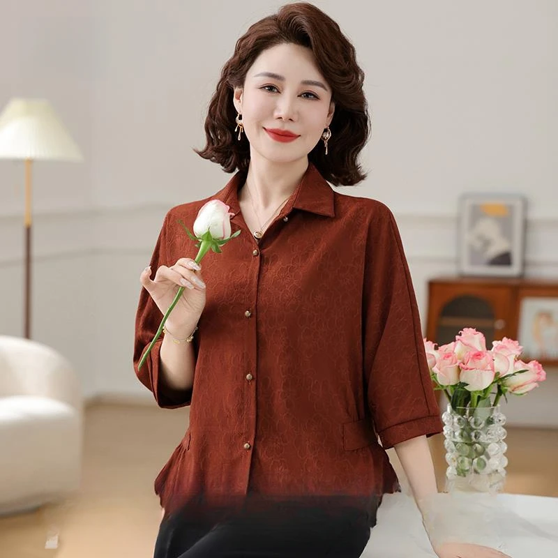 皮尔卡丹妈妈夏装衬衫七分袖夏季洋气高贵小衫2025新款中老年女装