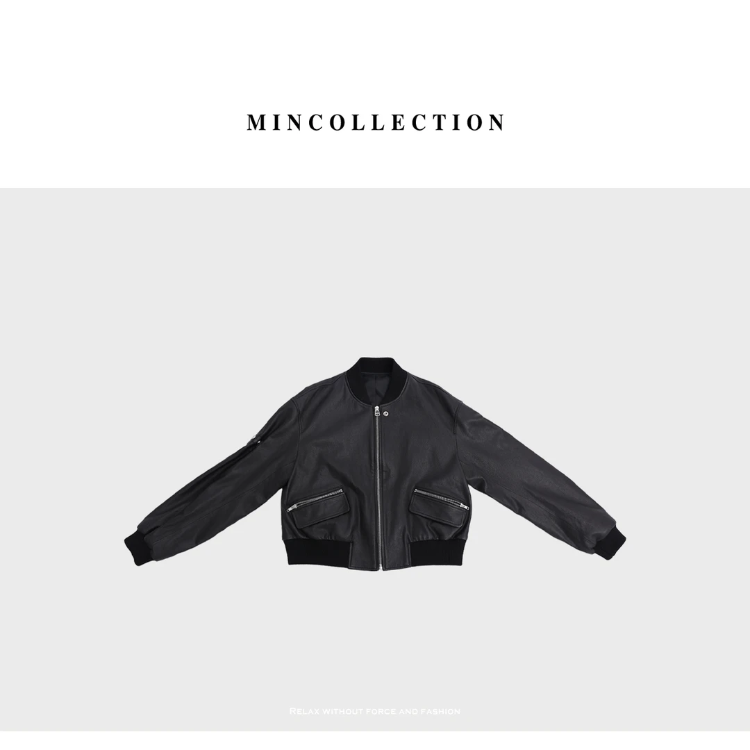 DE Mincollection飞行夹克皮衣/早秋美式棒球领绵羊植鞣皮皮衣