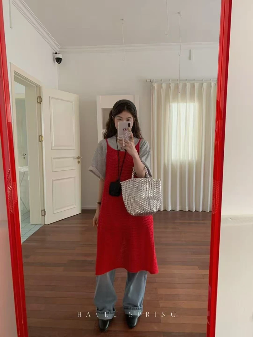 红色叠穿针织吊带裙 颜色很正哦