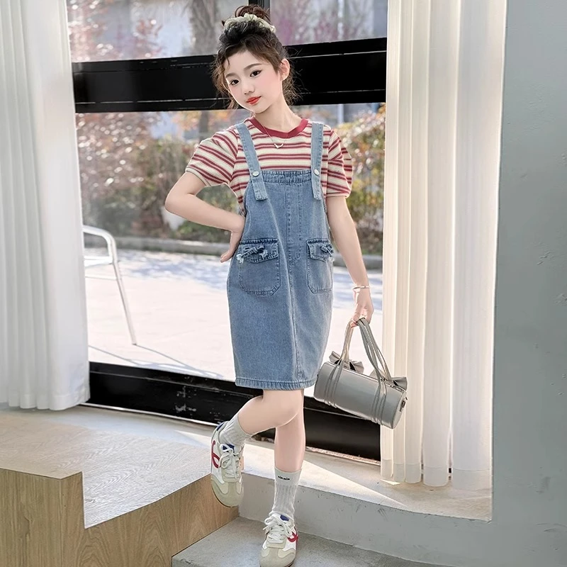 女童牛仔背带裙套装夏装2025新款儿童夏季短袖条纹T恤两件套装潮8
